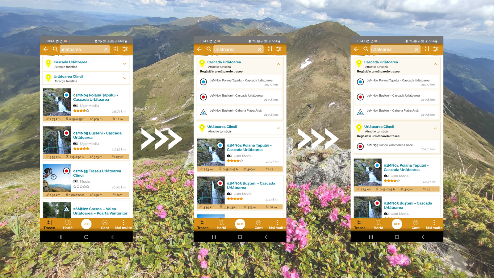  Afișare trasee după puncte de interes în aplicația Munții Noștri