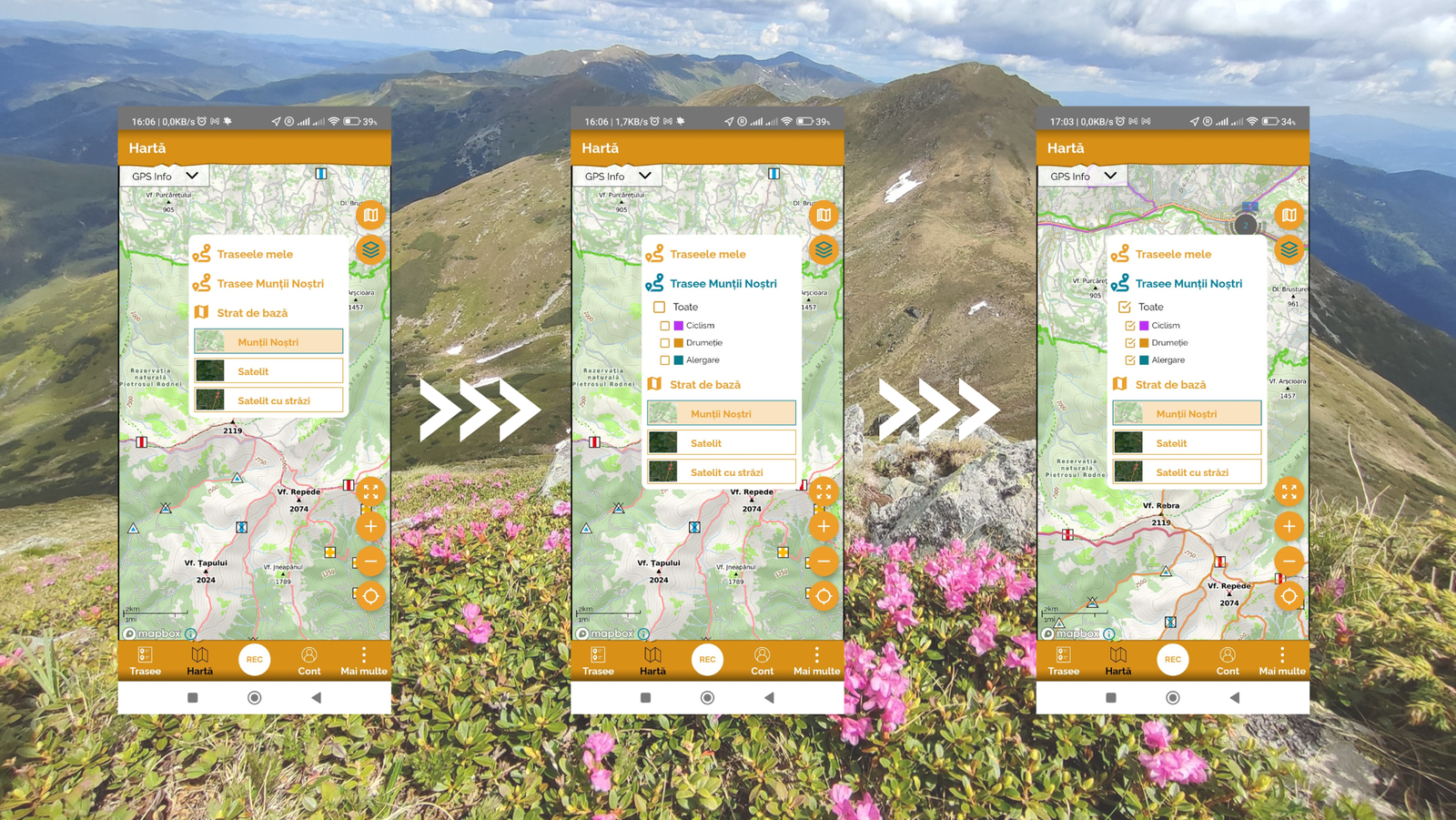  Afișare trasee Munții Noștri după tipul activităii în aplicația Munții Noștri