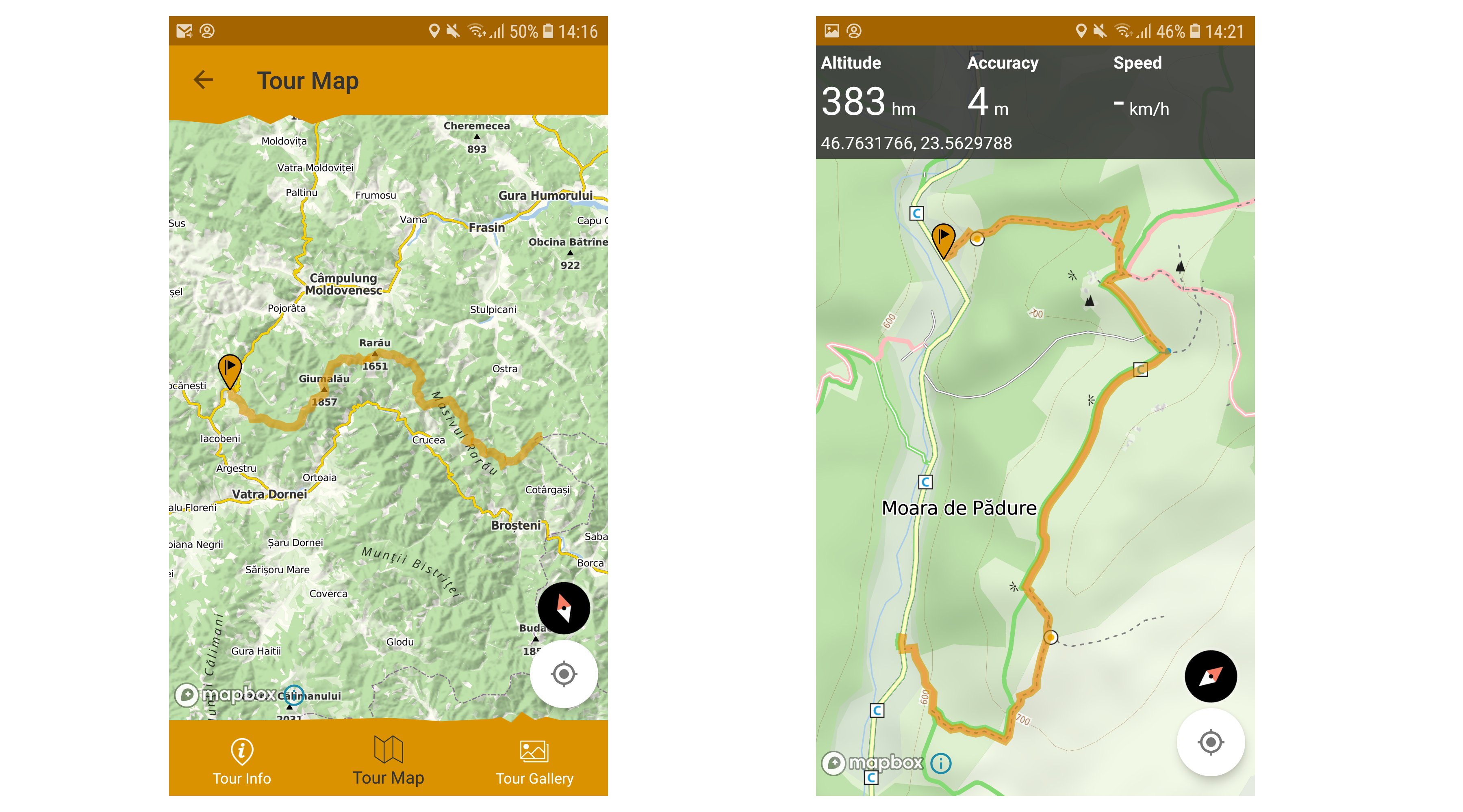  Poziționare și vizualizare traseu în aplicația Munții Noștri